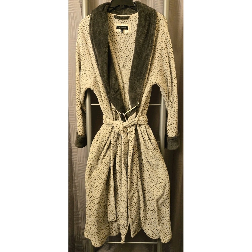 Ellen Tracy Long Sleeve Large Belted Robe White Gray Leopard Soft‎ Pockets Cozy